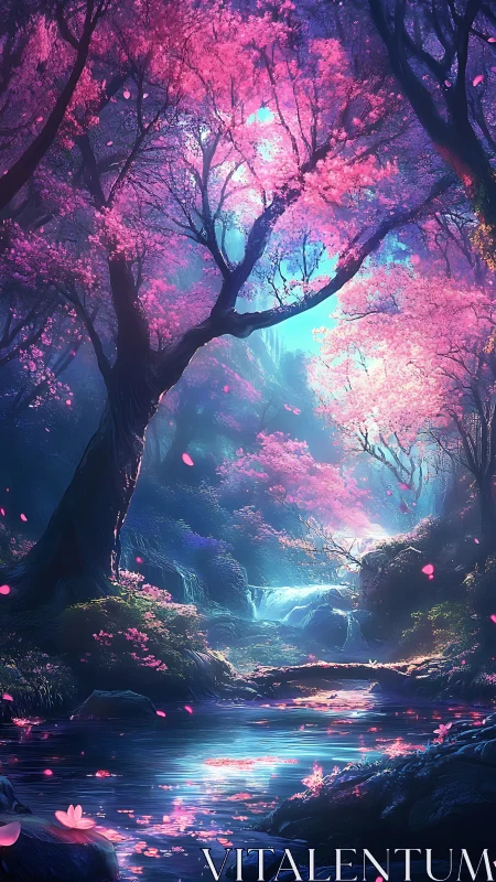 Digital painting of luminous sakura forest and cascade stream.