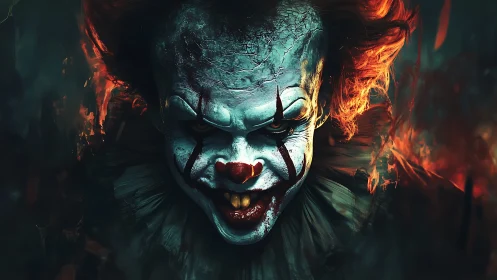Sinister clown portrait in fiery cinematic lighting.