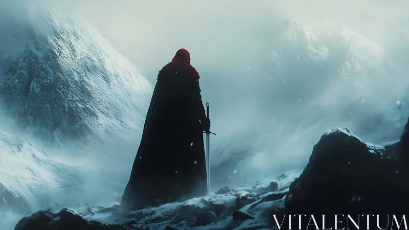 Lone crimson wanderer guarding a sword in frozen silence.