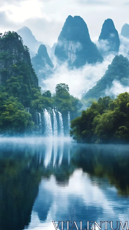 Misty mountain waterfalls reflected in a tranquil lake.