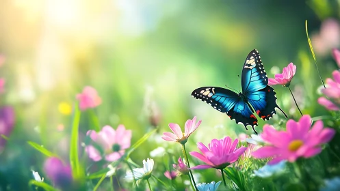 Sky-bright butterfly hovers like living ink over pink blooms