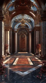 Sunlit baroque hall glows with gilded arches and marble hush.