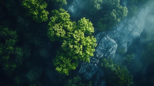 Emerald Canopy Hugs Stone Cliffs in Mystic Forest Symphony