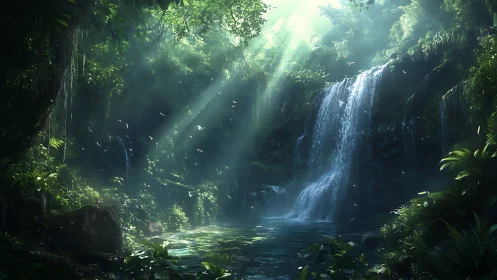 Verdant Cascade Through Emerald Canopy.