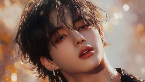 Digital portrait of wet-haired androgynous youth in bokeh light.