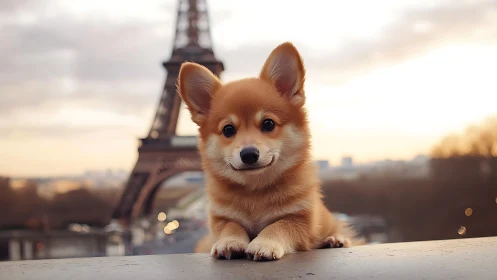 Corgi puppy resting by Eiffel Tower at warm sunset glow.