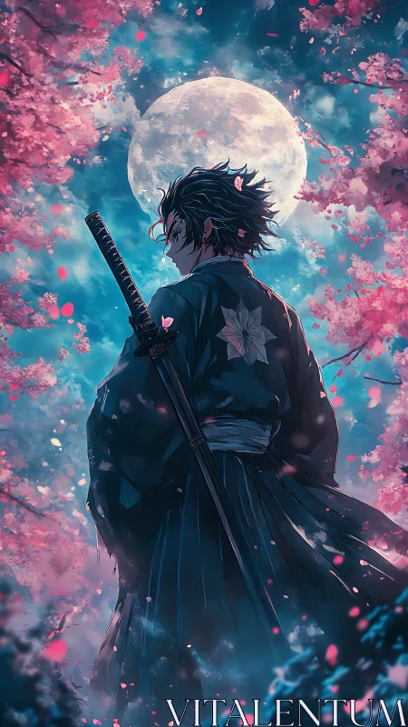 Samurai silhouette under full moon amid luminous sakura bloom