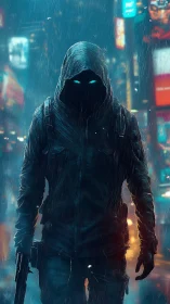 Mysterious hooded wanderer strides through neon city rain