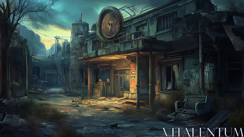 Derelict street scene shows decayed commercial building