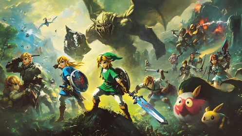 Heroes in green and gold charge through a wild fantasy storm.