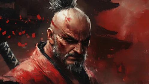 Battle-worn samurai portrait in dynamic red brushwork and harsh lighting