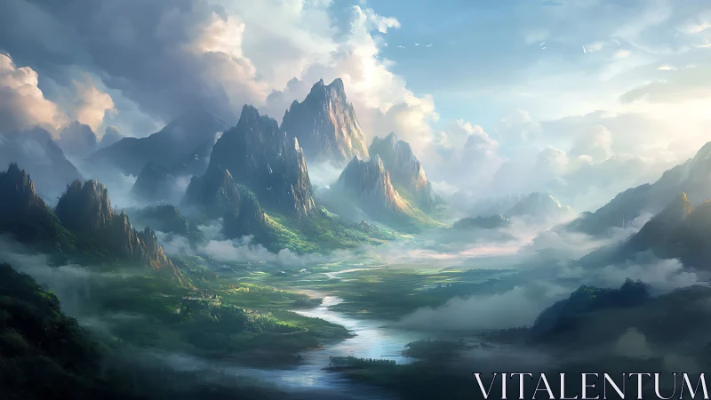 Fantasy mountain valley with river under dramatic sky.