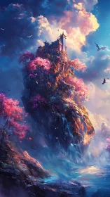 Clifftop temple above misty sea with pink blossom trees.