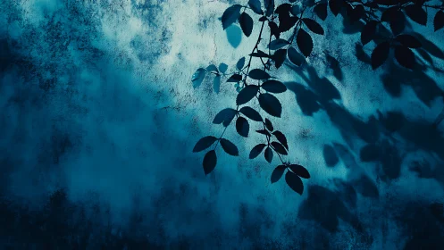Silhouette of Leaves on Textured Blue Wall in Moody Artistic Style.
