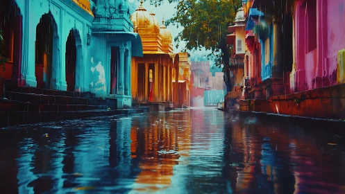 Colorful temple street reflected in rain-flooded pathway.