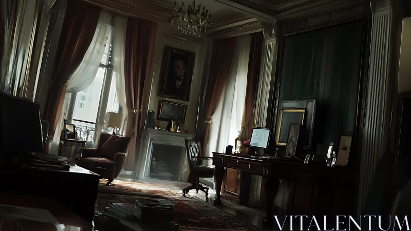Sunlit classic study with ornate desk and tall draped windows.