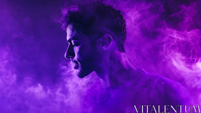 Male profile silhouette in neon violet atmospheric smoke