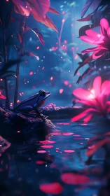 Bioluminescent frog beside neon pond in dusky jungle glow.