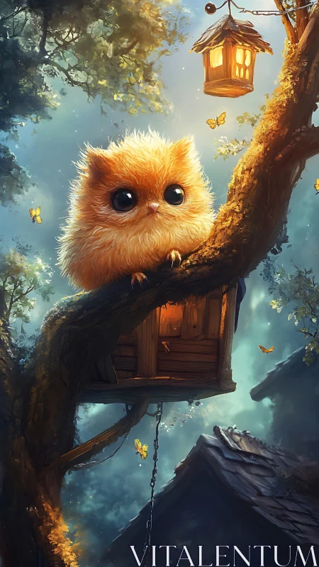 Fluffy nocturnal creature perched in luminous forest bower.