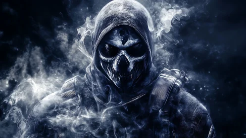Digital painting of a spectral skull-masked tactical operative.