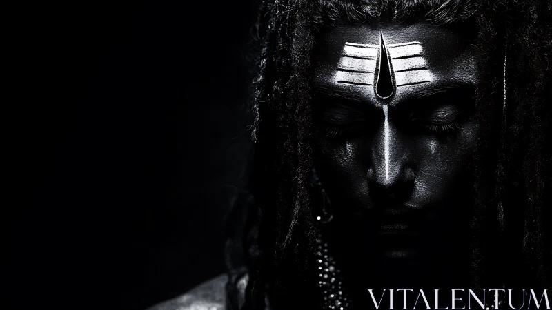 Photorealistic low-key portrait with sacred forehead markings.