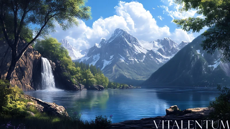 Sunlit alpine lake and waterfall beneath towering peaks.
