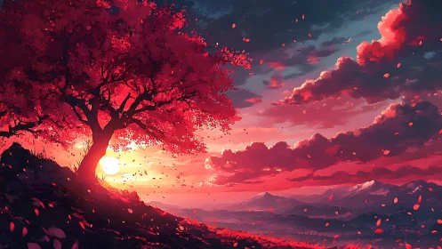 Backlit crimson tree crowns sunset horizon with drifting petals