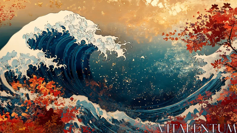 Large stylized ocean wave with autumn foliage framing scene.