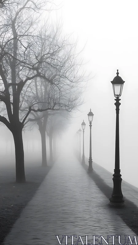 Fog-obscured riverside promenade uses linear perspective depth