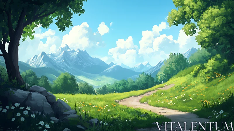 Sunlit alpine meadow path curves toward distant snowy peaks