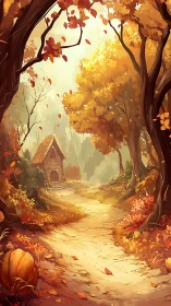 Autumn Forest Path with Cottage and Falling Leaves