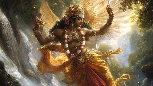Divine winged deity dances over cascading jungle waterfall