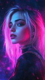 Neon-lit cyber portrait captures a luminous, enigmatic gaze.