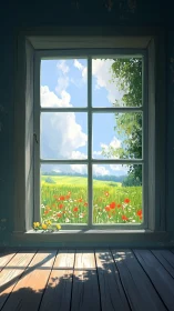 Sunlit rural window frames a vivid wildflower meadow