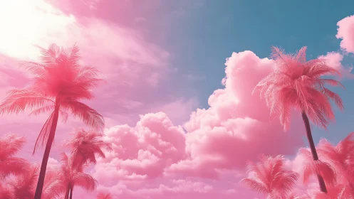 Infrared Palm Trees Beneath Neon Pink Cumulus Cloud Formation