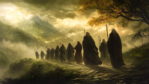 Wanderers in cloaks follow misty path toward distant peaks.