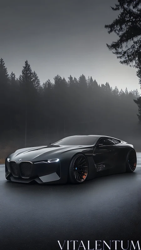 Black BMW concept sports car on wet forest road at dusk.