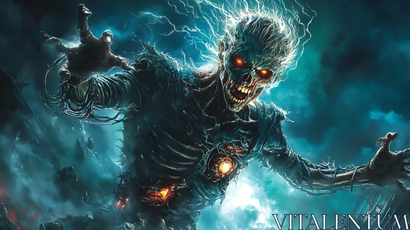 Undead cyborg lunges forward amid crackling blue lightning