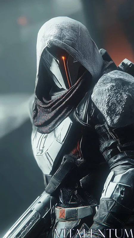 Mysterious armored guardian in a glowing sci fi hooded helm.