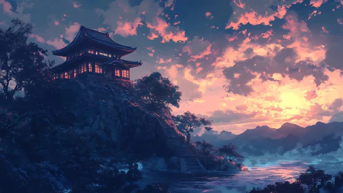 Hilltop pavilion overlooks river under dense sunset sky