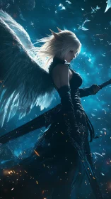 Winged warrior in luminous cosmic storm of shattered light.