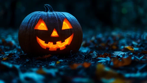 Glowing jack o’lantern smiling in a moonlit autumn forest.