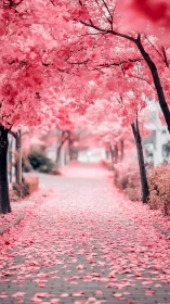 Tree-lined pathway is covered by dense pink foliage
