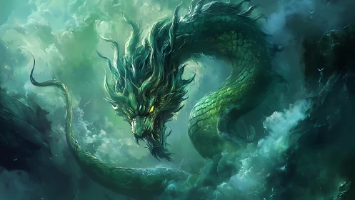 Serpentine green dragon coiled within dense storm clouds.