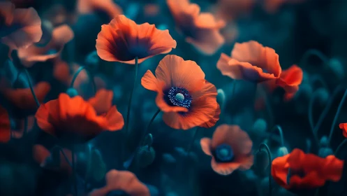 Glowing Red Anemone Flowers Against Deep Teal Background. Macro.