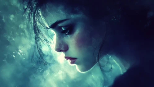 Soft moonlit profile rests in a dreamy underwater hush