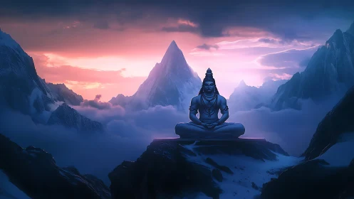 Digital painting of Shiva meditating amid luminous alpine peaks.