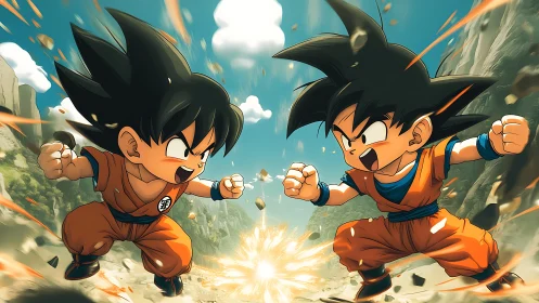 Twin warriors ignite a rocky valley with playful power clash