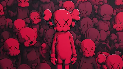 Solitary crimson figure stands mute amid a crowded void