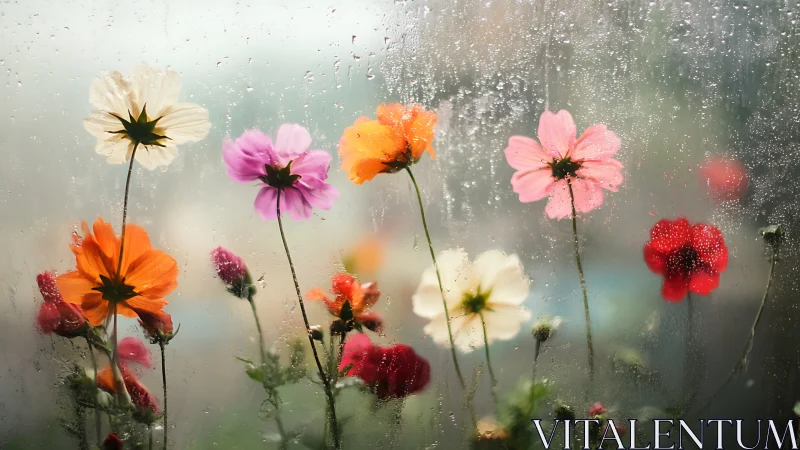 Cosmos Blooming Behind Glass: Raindrop-Kissed Flowers in Reverie.